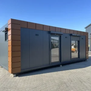 40-Fuß-Modul mit Dusche und Holzoptik-Einsätzen