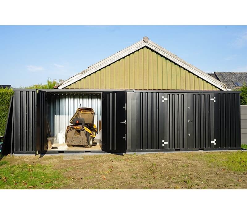 Schwarzer XL-Lagercontainer mit zwei Doppeltüren, 15 m²